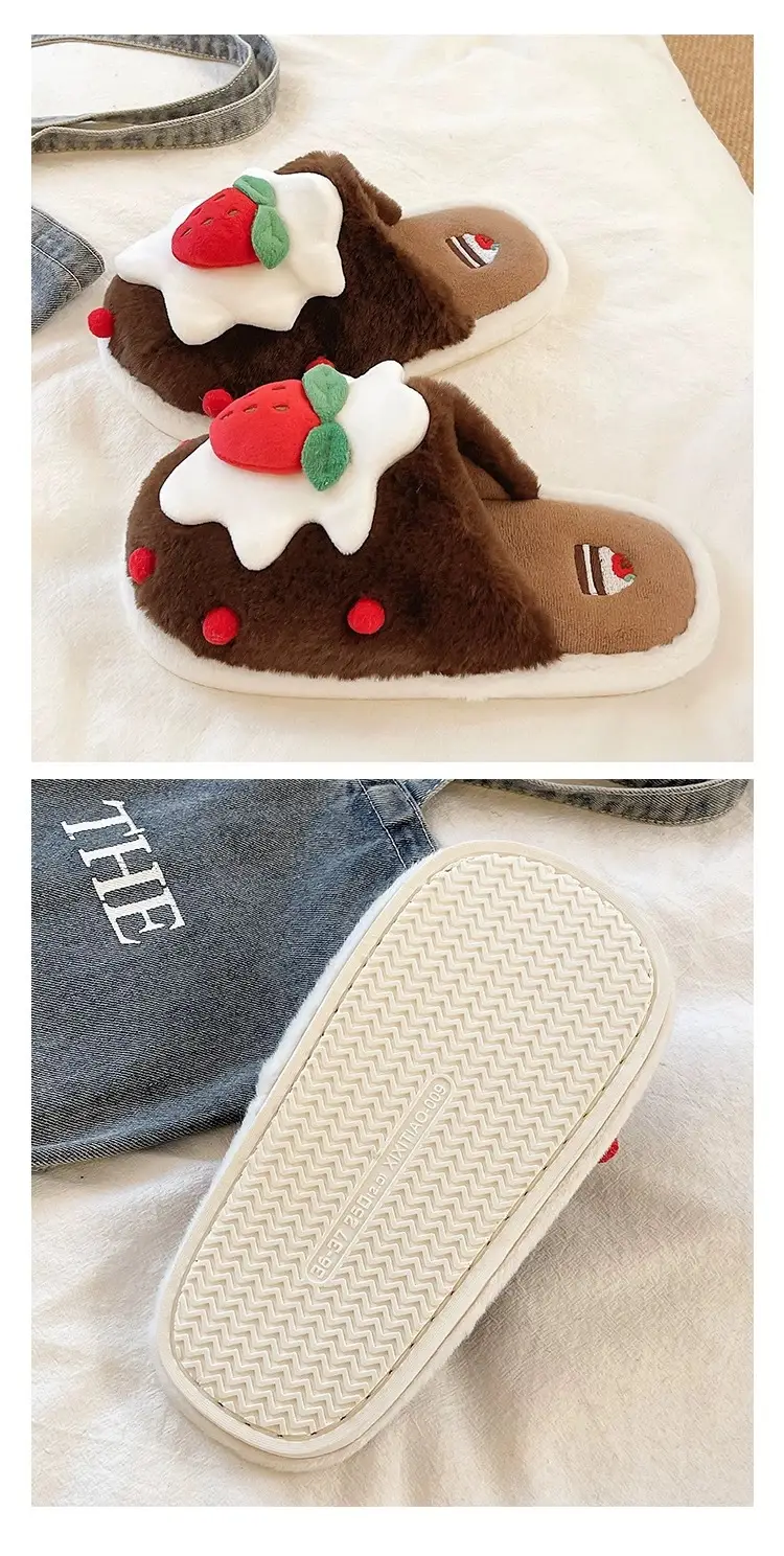 Cute Strawberry Cake Cotton Slippers for Women Winter Indoor Home Baotou Soft Sole Non-Slip Plush Warm Confinement Slippers — feature 5