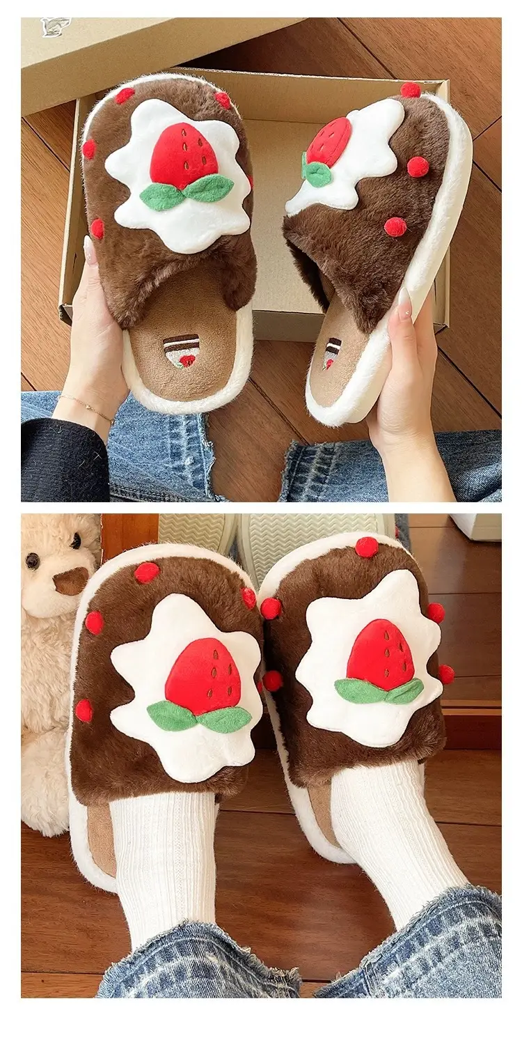 Cute Strawberry Cake Cotton Slippers for Women Winter Indoor Home Baotou Soft Sole Non-Slip Plush Warm Confinement Slippers — feature 7