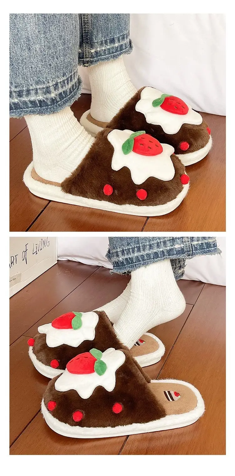 Cute Strawberry Cake Cotton Slippers for Women Winter Indoor Home Baotou Soft Sole Non-Slip Plush Warm Confinement Slippers — feature 8