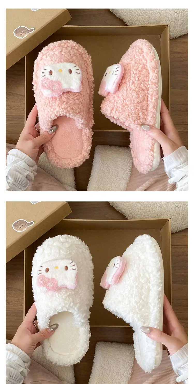 Cute Hello Kitty Wool Winter Slippers Cream — feature 16