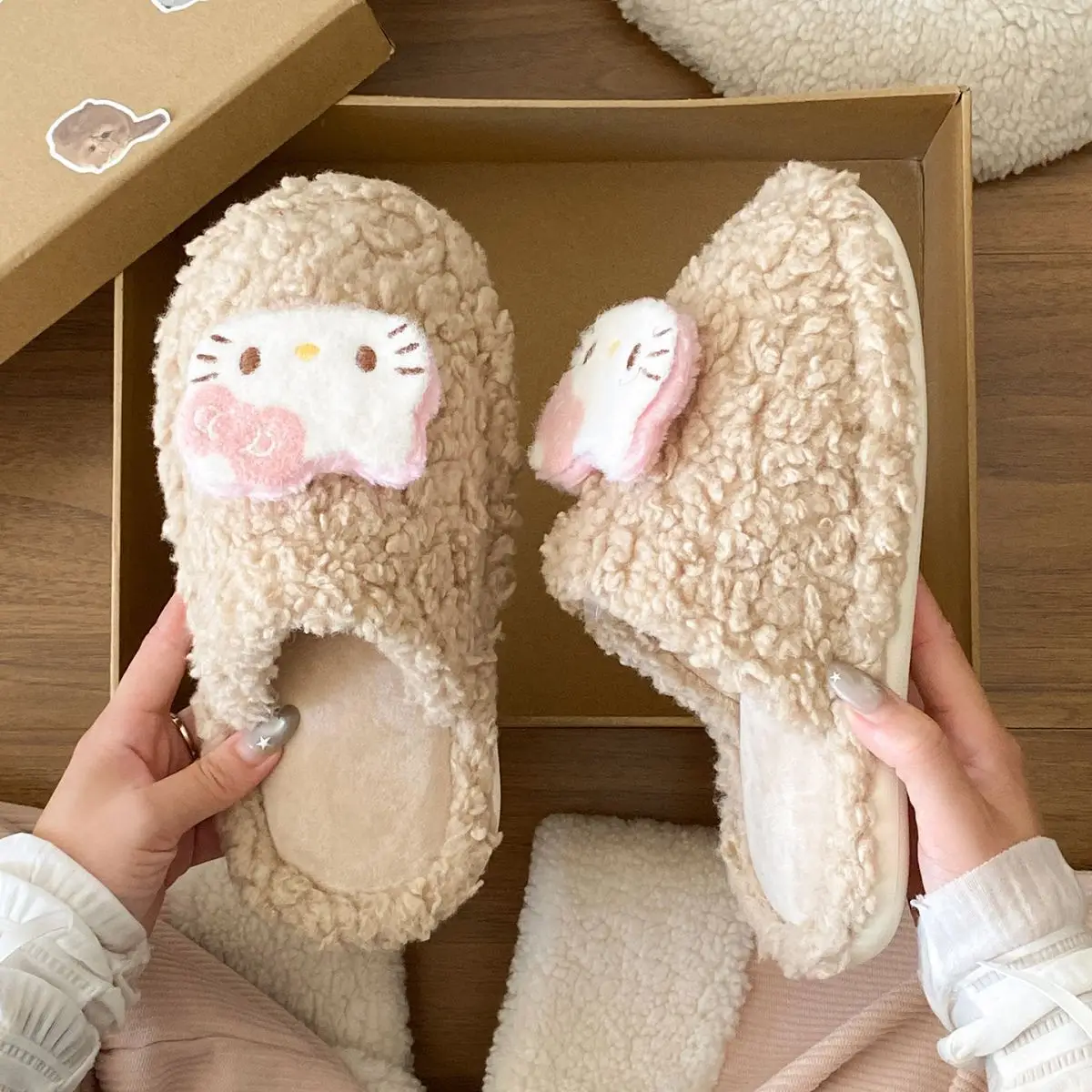 Cute Hello Kitty Wool Winter Slippers Cream — feature 20