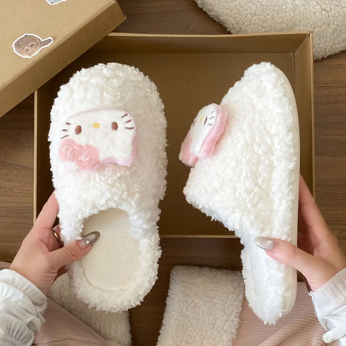 Cute Hello Kitty Wool Winter Slippers Cream — feature 21