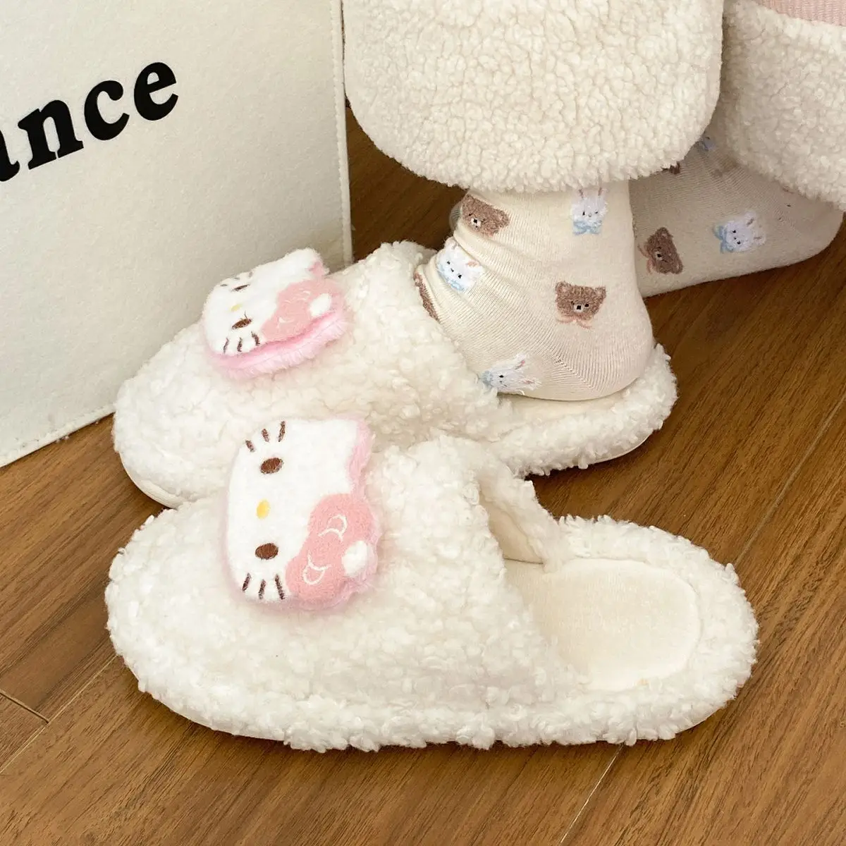 Cute Hello Kitty Wool Winter Slippers Cream — feature 27