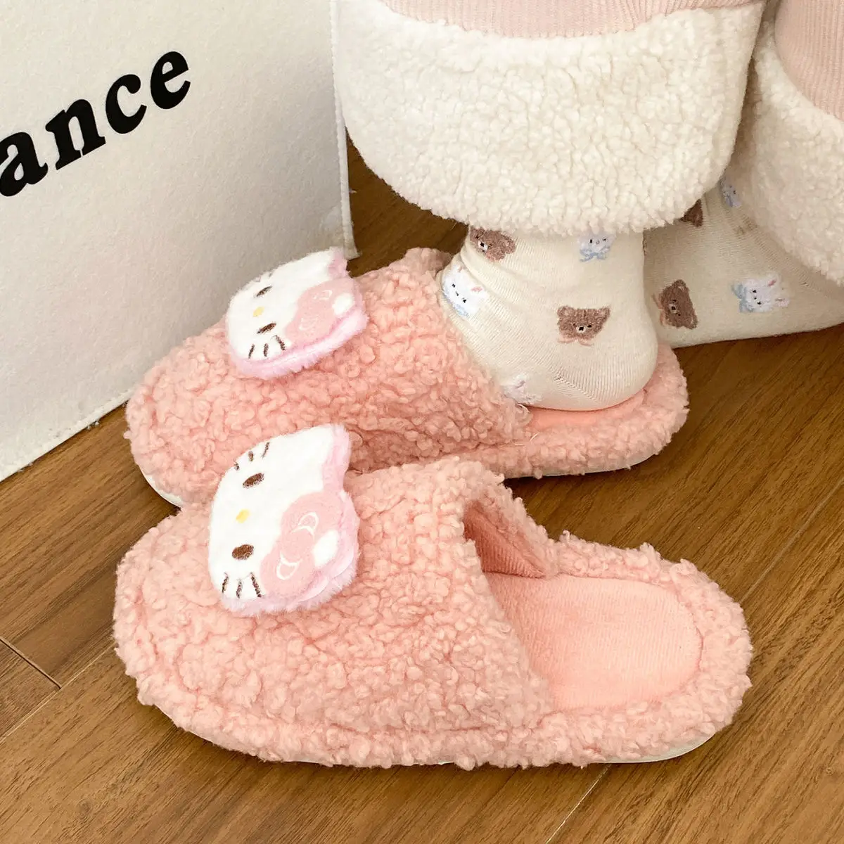 Cute Hello Kitty Wool Winter Slippers Cream — feature 30