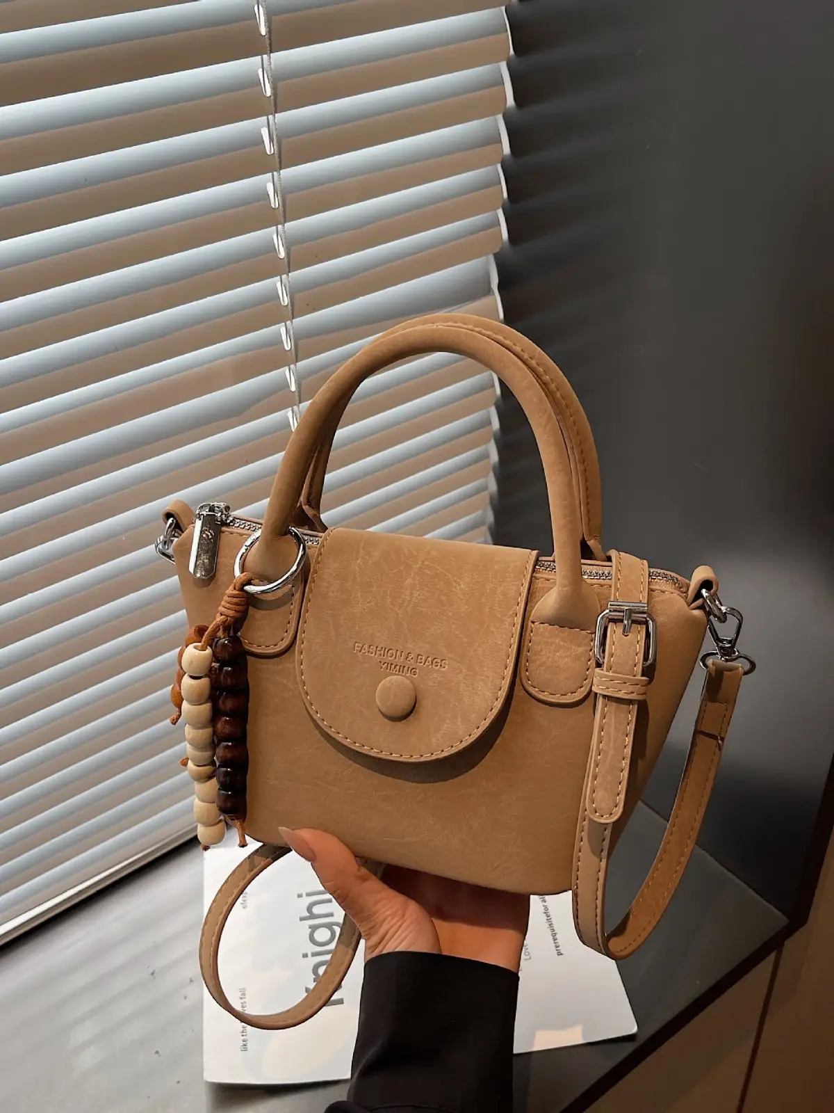 Women's Cream White Crossbody Bag with Beaded Strap - Image 6