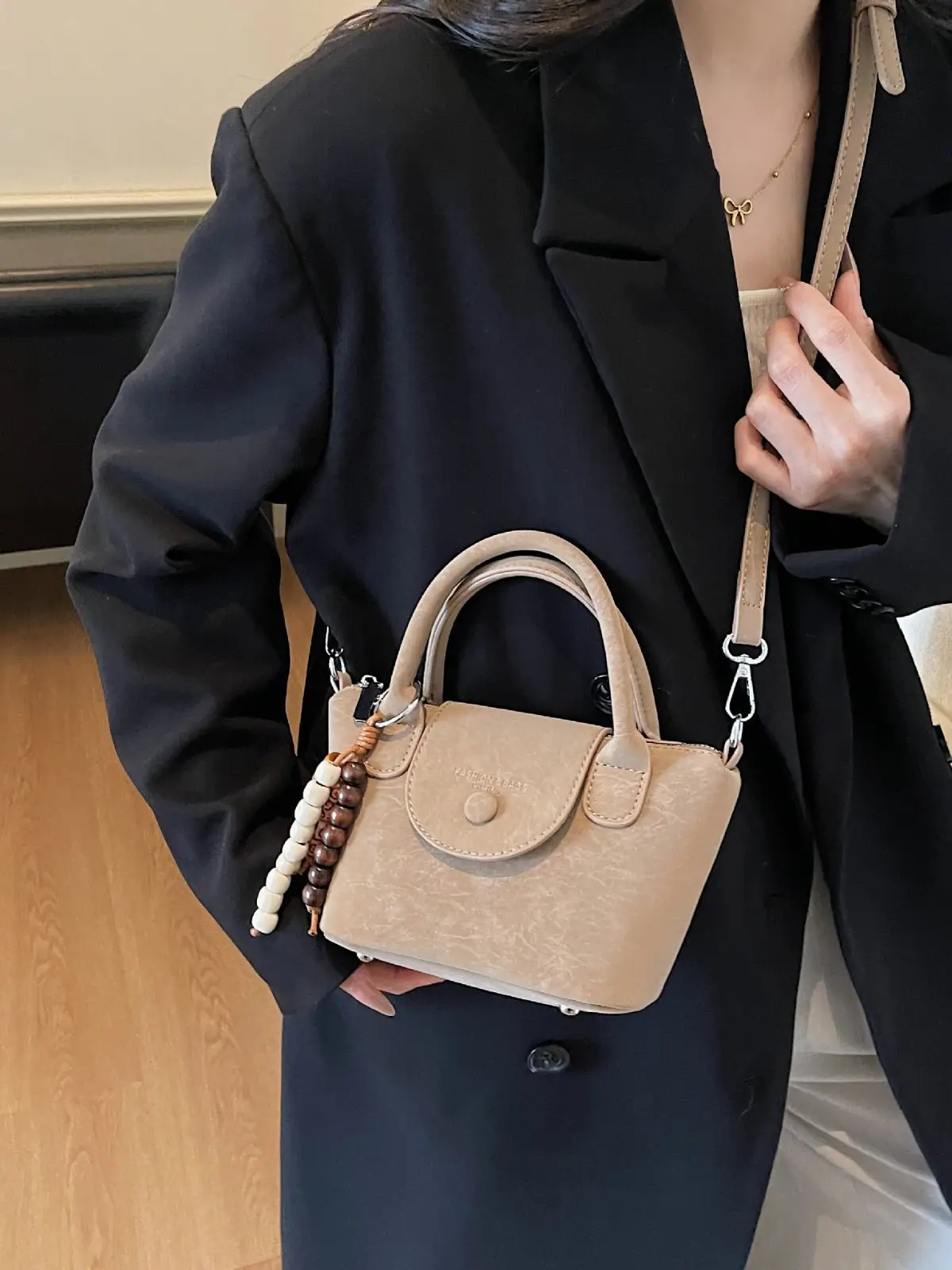 Women's Cream White Crossbody Bag with Beaded Strap - Image 9