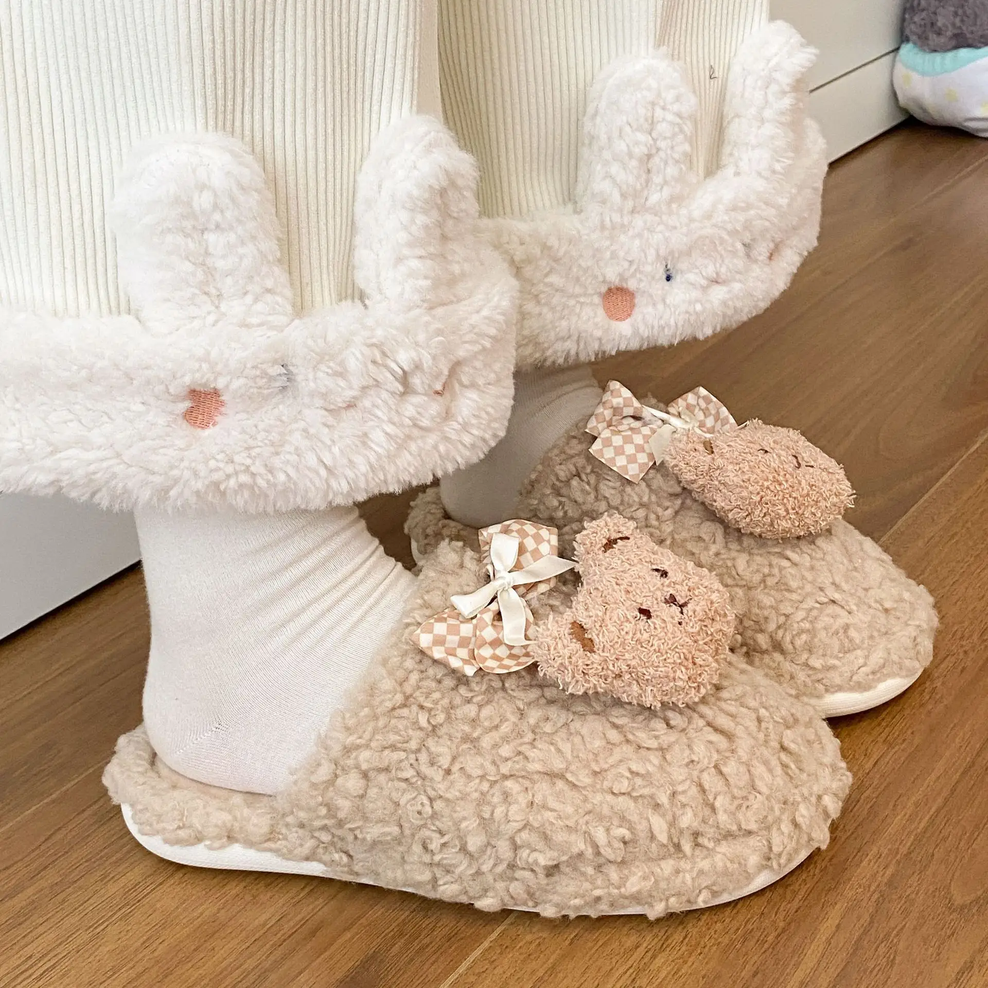 Bow Bear Furry Cotton Slippers Women Winter Warm - Image 5