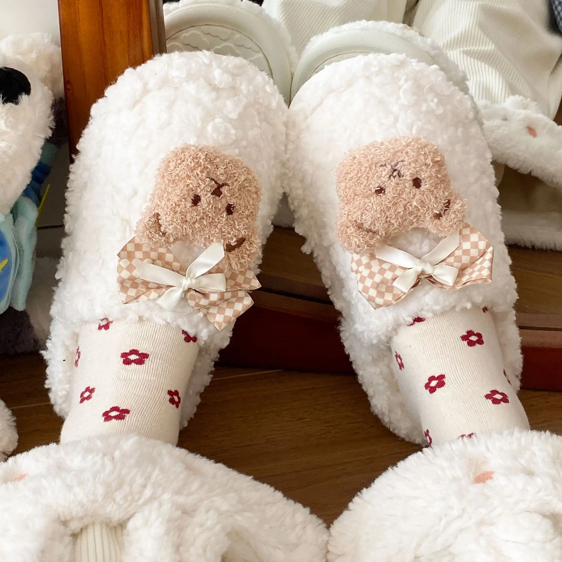 Bow Bear Furry Cotton Slippers Women Winter Warm - Image 6