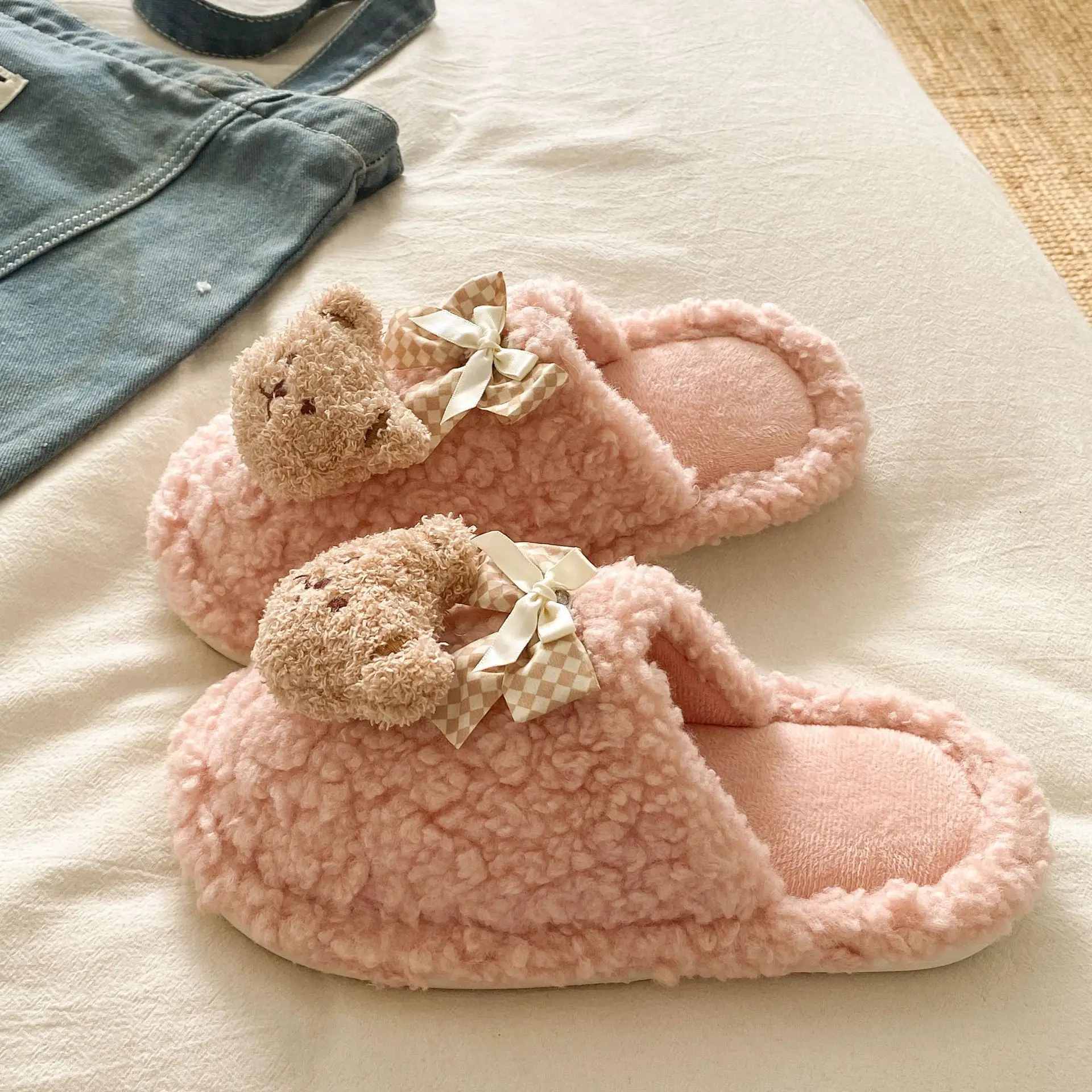 Bow Bear Furry Cotton Slippers Women Winter Warm - Image 7