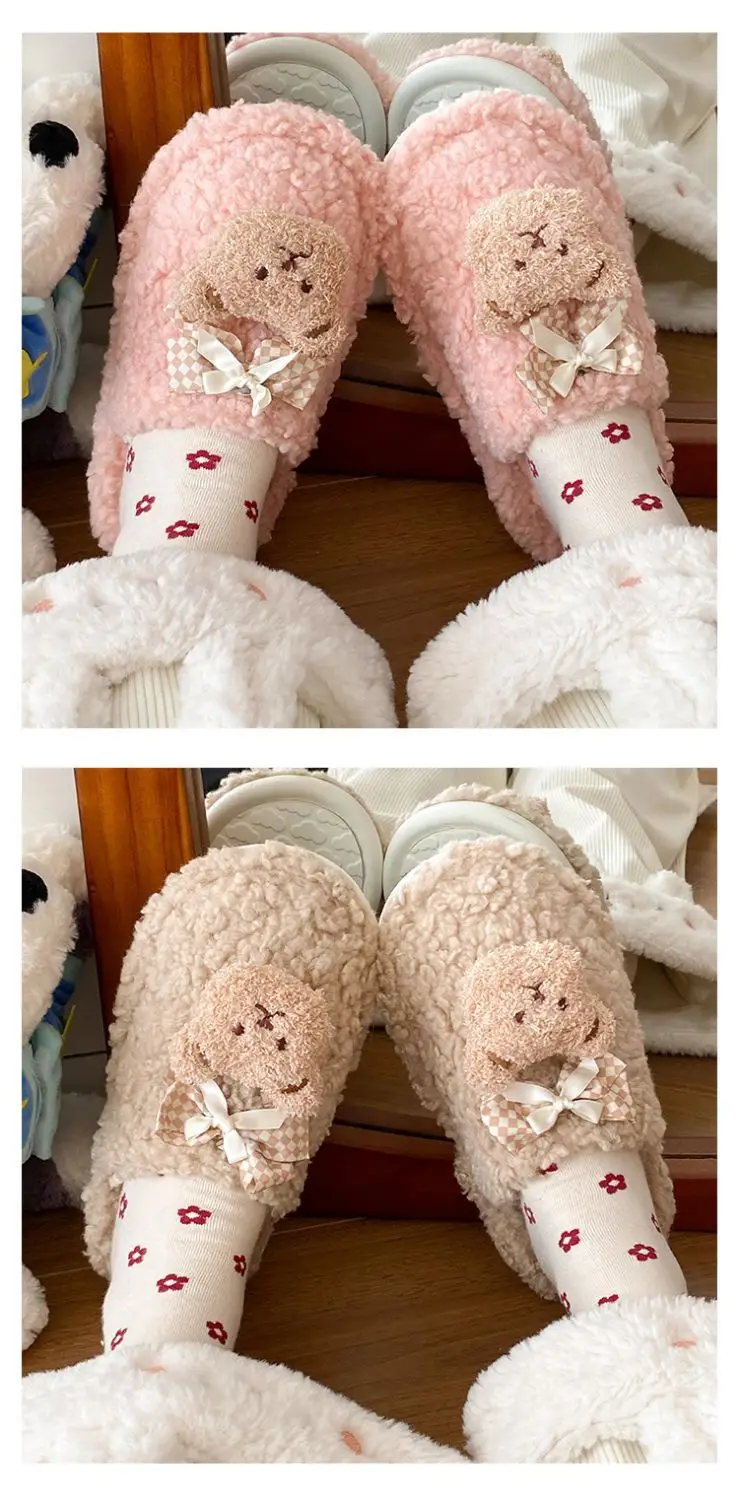 Bow Bear Furry Cotton Slippers Women Winter Warm — feature 10