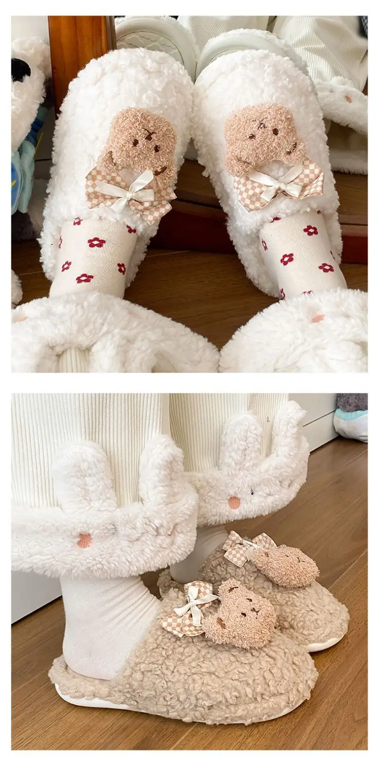 Bow Bear Furry Cotton Slippers Women Winter Warm — feature 11