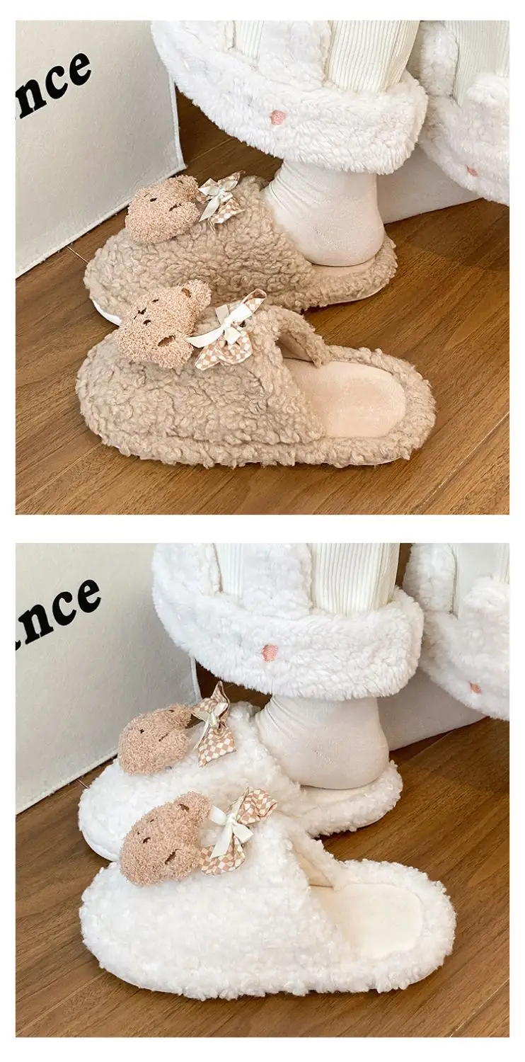 Bow Bear Furry Cotton Slippers Women Winter Warm — feature 12