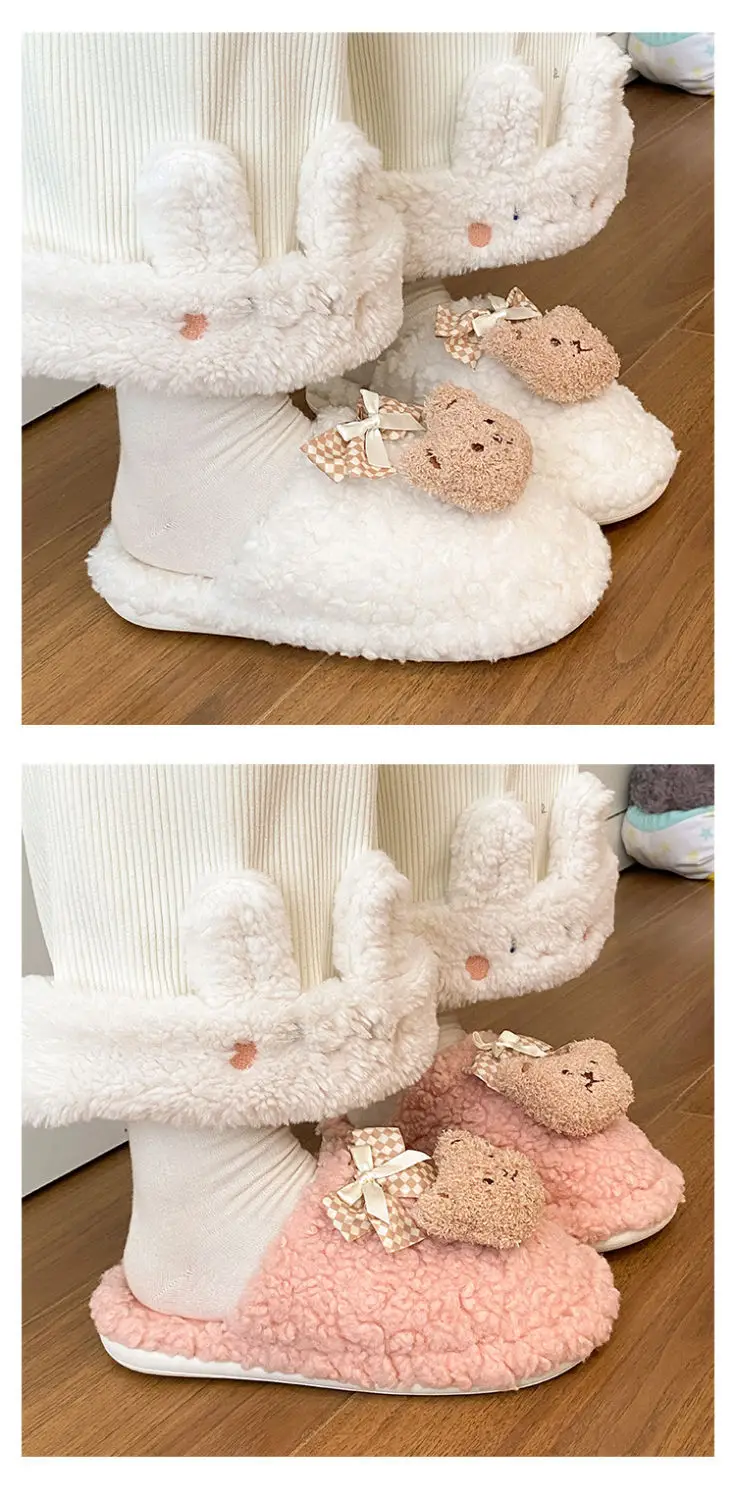 Bow Bear Furry Cotton Slippers Women Winter Warm — feature 13