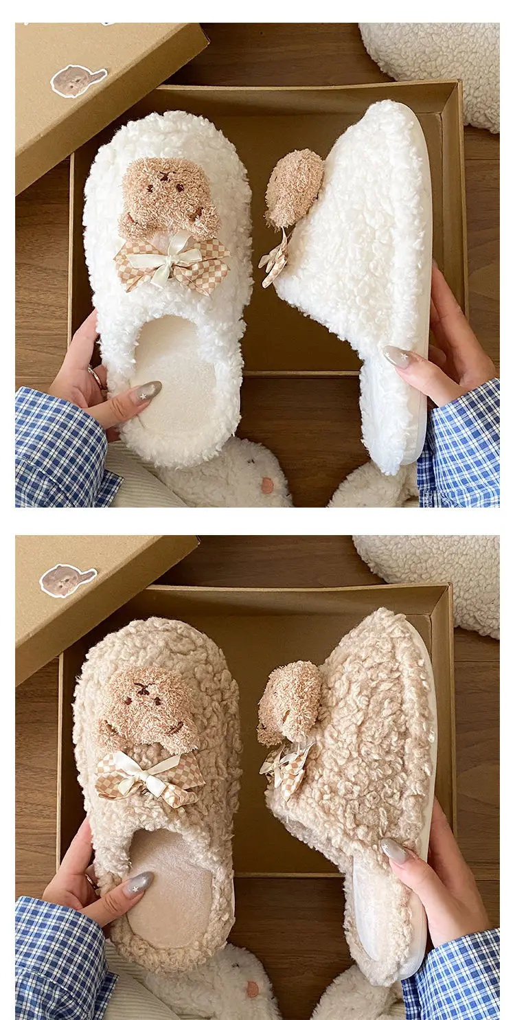 Bow Bear Furry Cotton Slippers Women Winter Warm — feature 14