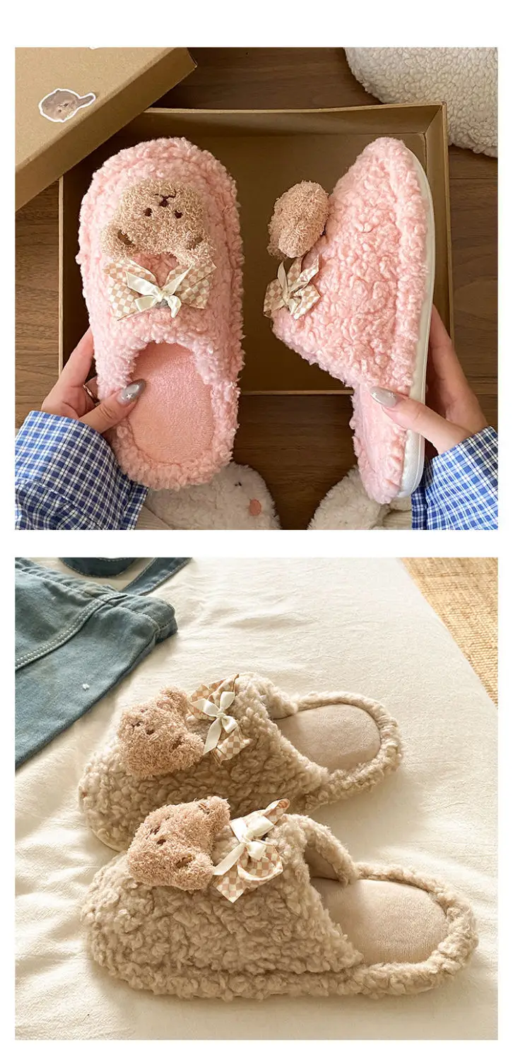 Bow Bear Furry Cotton Slippers Women Winter Warm — feature 15