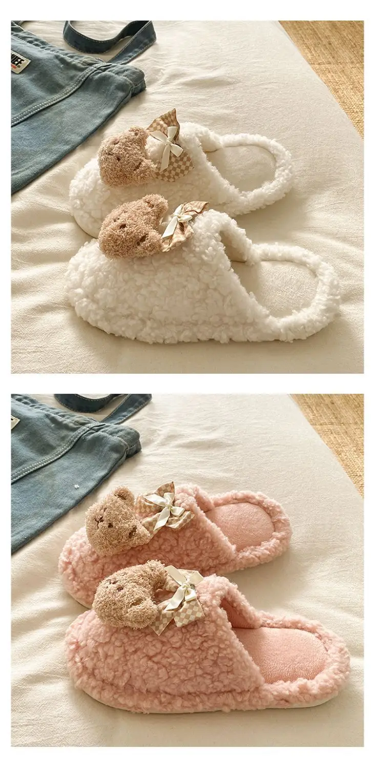 Bow Bear Furry Cotton Slippers Women Winter Warm — feature 16