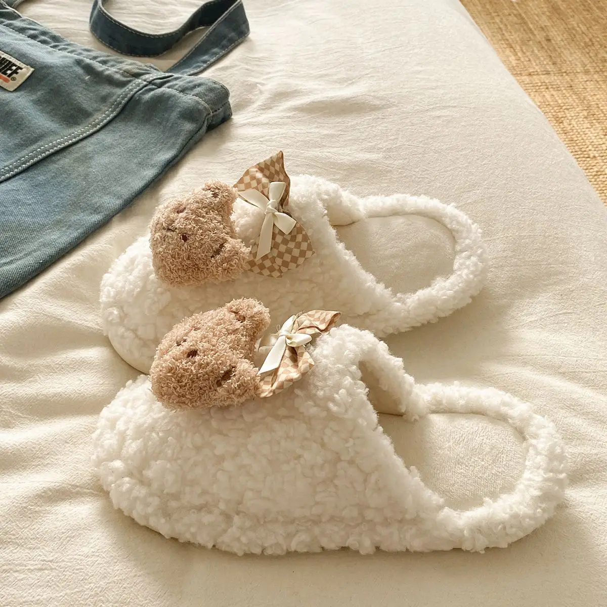 Bow Bear Furry Cotton Slippers Women Winter Warm — feature 17