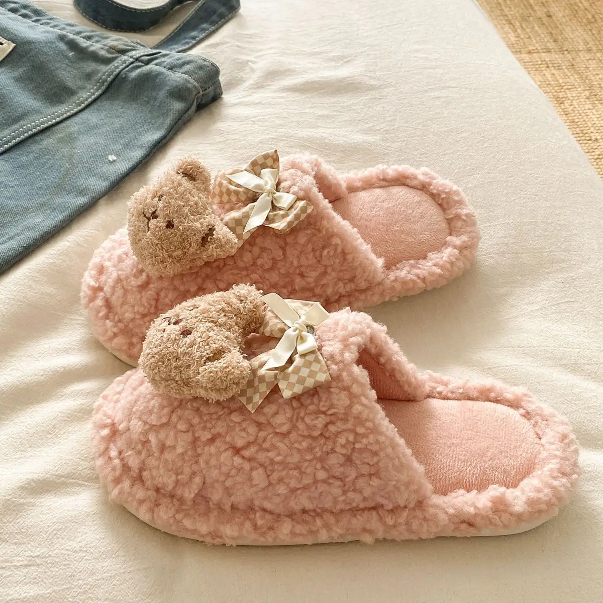 Bow Bear Furry Cotton Slippers Women Winter Warm — feature 18