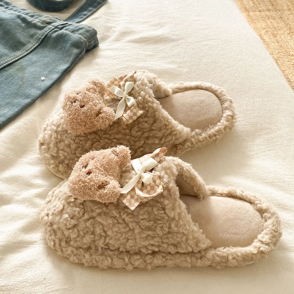 Bow Bear Furry Cotton Slippers Women Winter Warm — feature 19