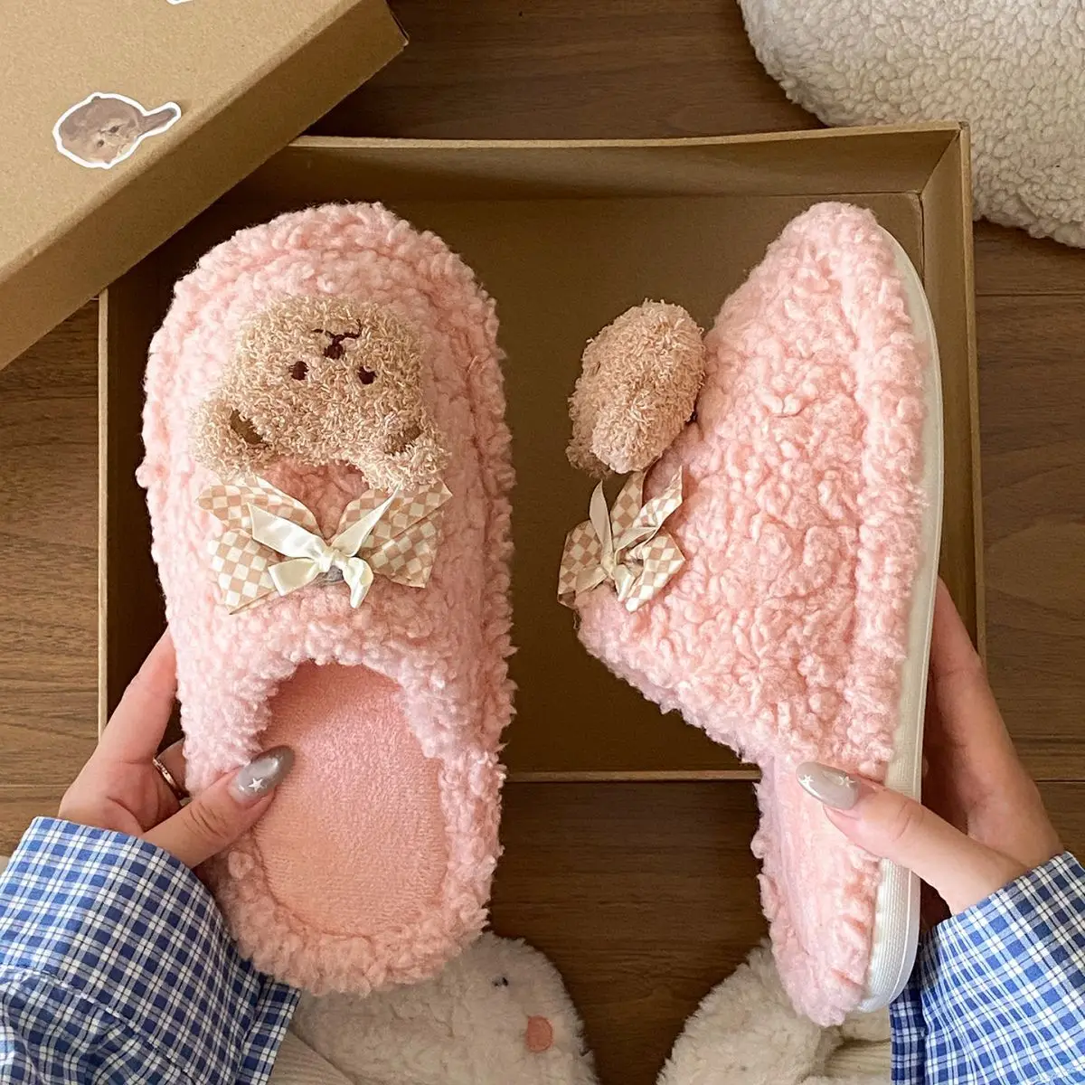 Bow Bear Furry Cotton Slippers Women Winter Warm — feature 20