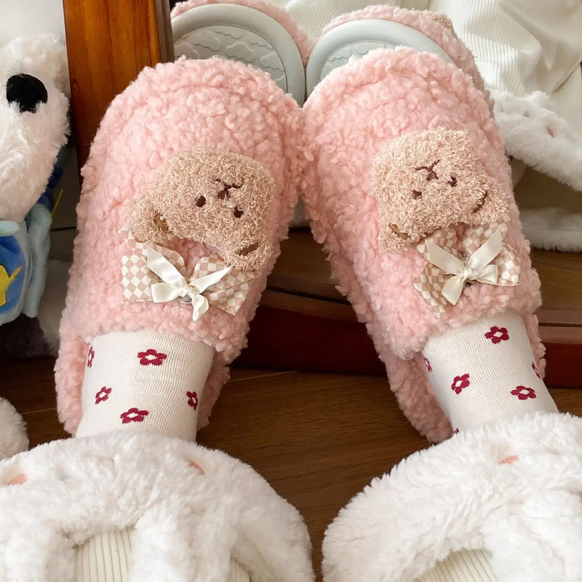 Bow Bear Furry Cotton Slippers Women Winter Warm — feature 21