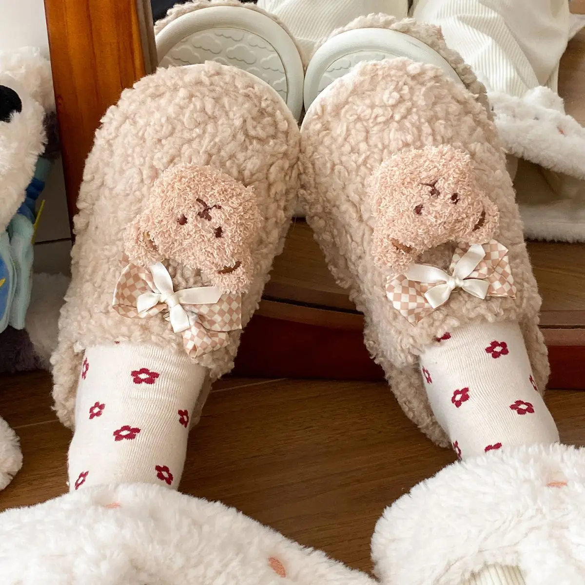 Bow Bear Furry Cotton Slippers Women Winter Warm — feature 22