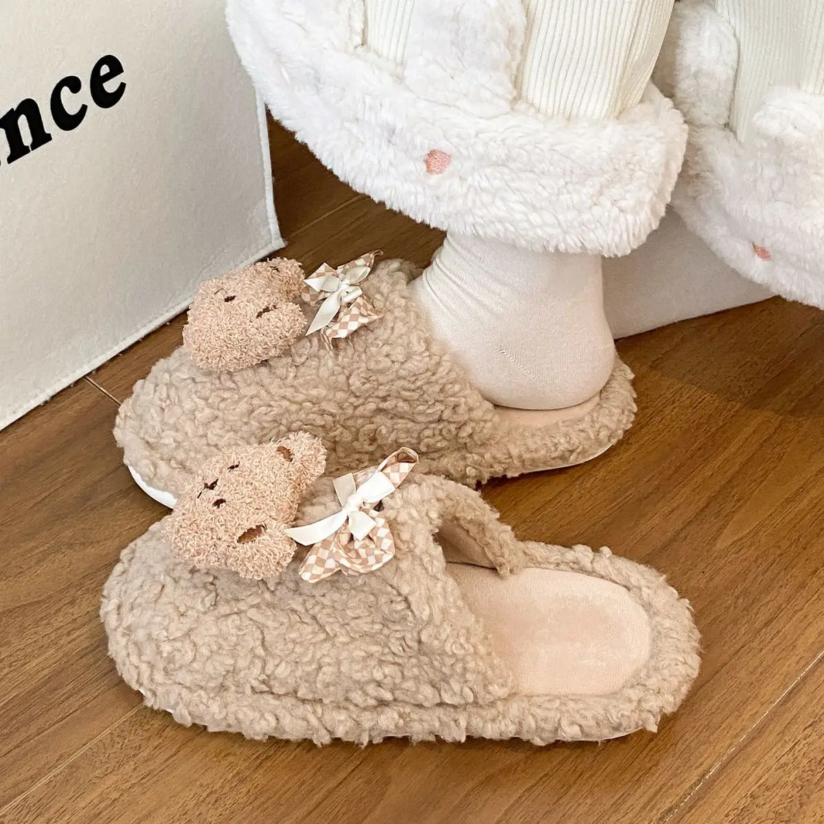 Bow Bear Furry Cotton Slippers Women Winter Warm — feature 25
