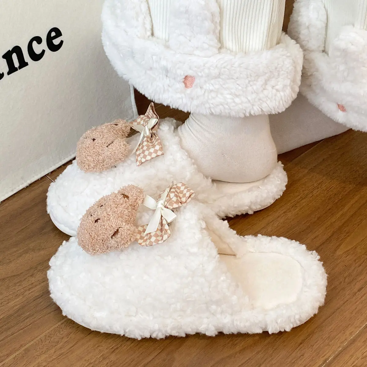 Bow Bear Furry Cotton Slippers Women Winter Warm — feature 26