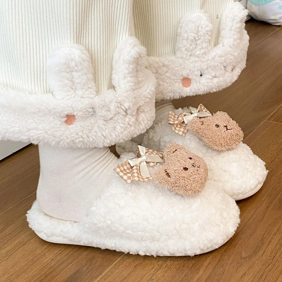 Bow Bear Furry Cotton Slippers Women Winter Warm — feature 27
