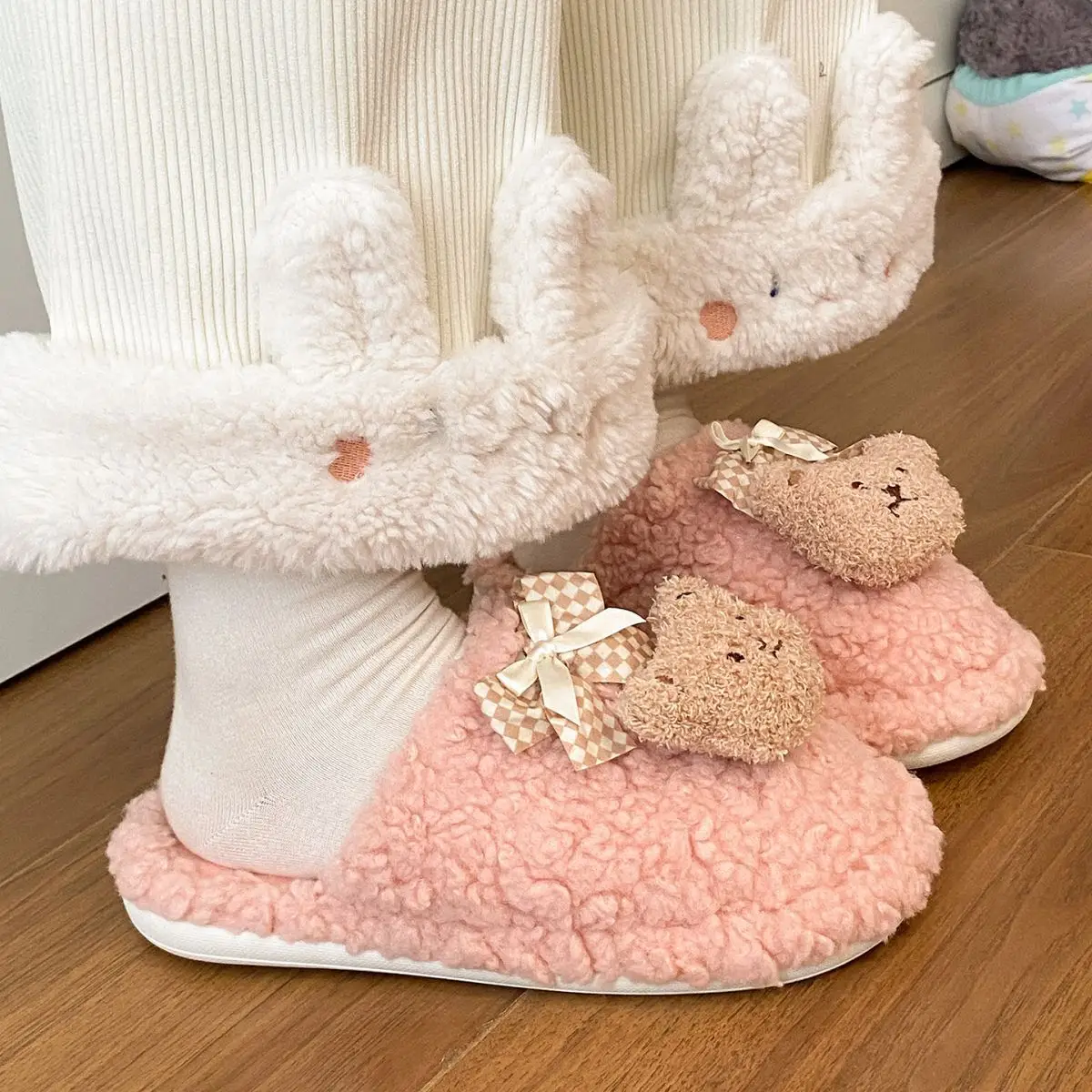 Bow Bear Furry Cotton Slippers Women Winter Warm — feature 28