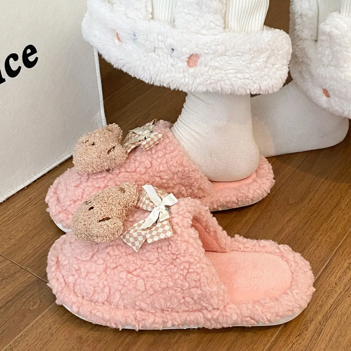 Bow Bear Furry Cotton Slippers Women Winter Warm — feature 29
