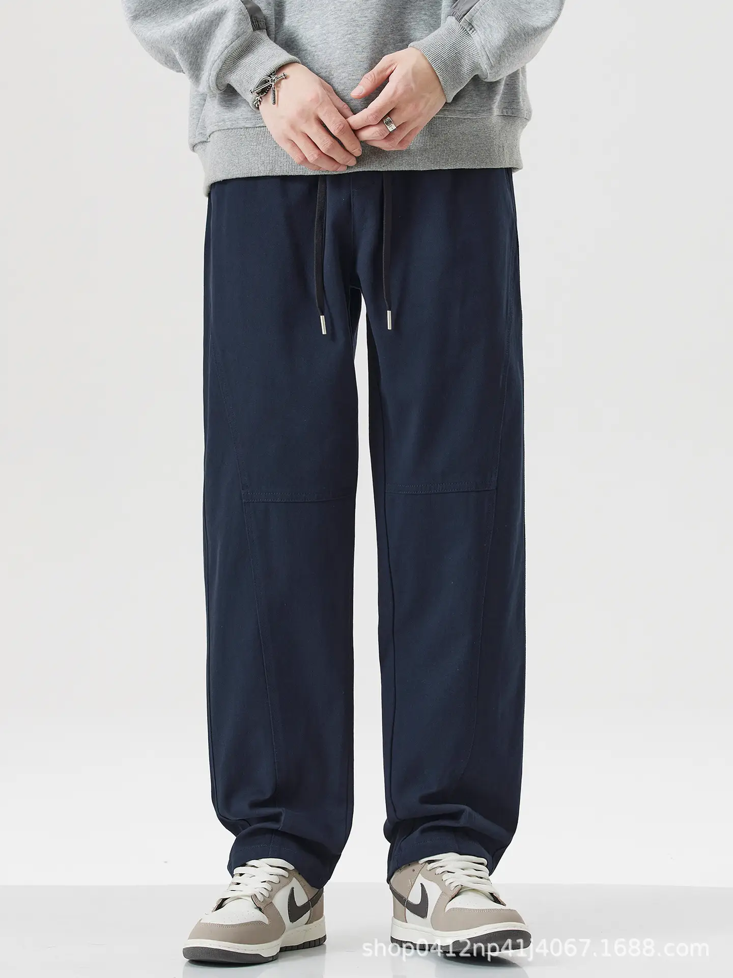 Dark Blue Cotton Straight-Leg Pants for Men 2026