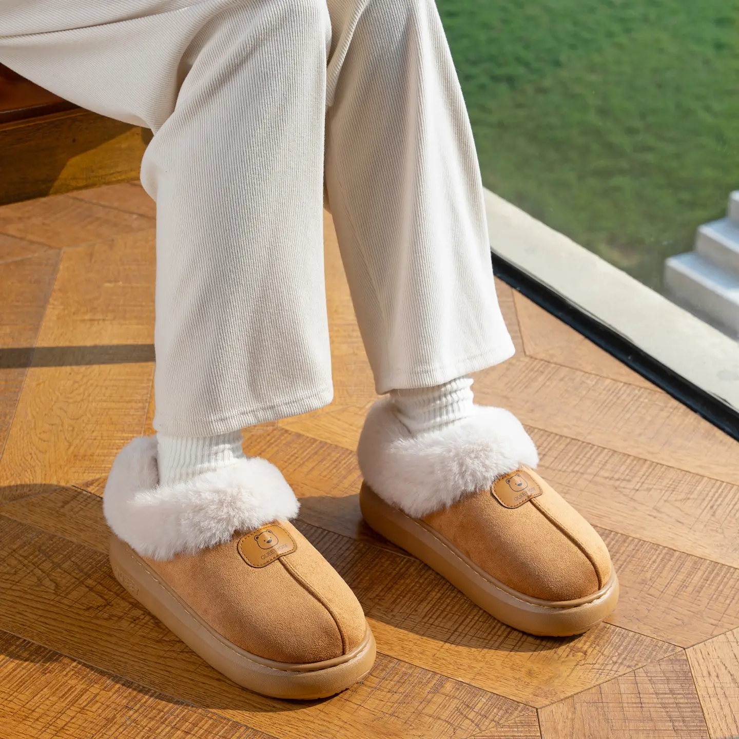 Women's Plush Heel Cover Slippers Beige Winter - Image 6