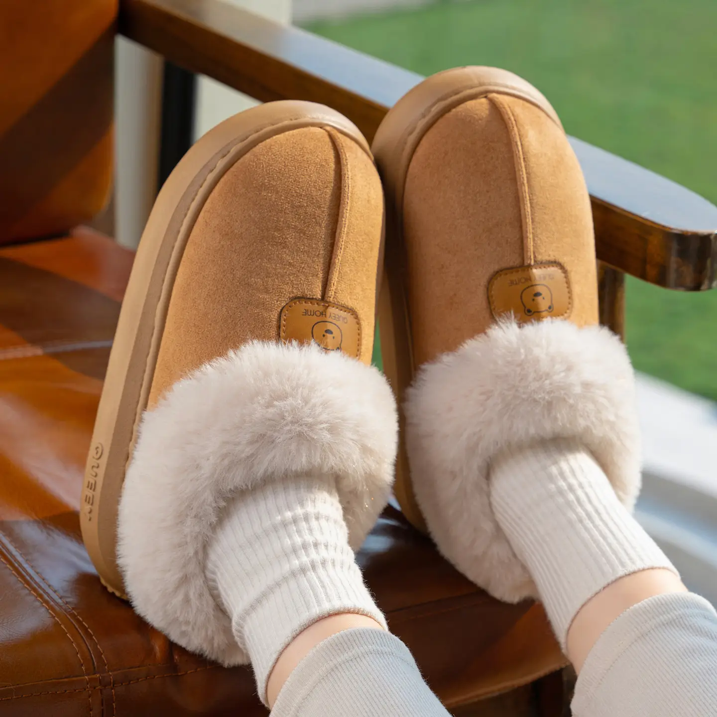 Women's Plush Heel Cover Slippers Beige Winter - Image 7