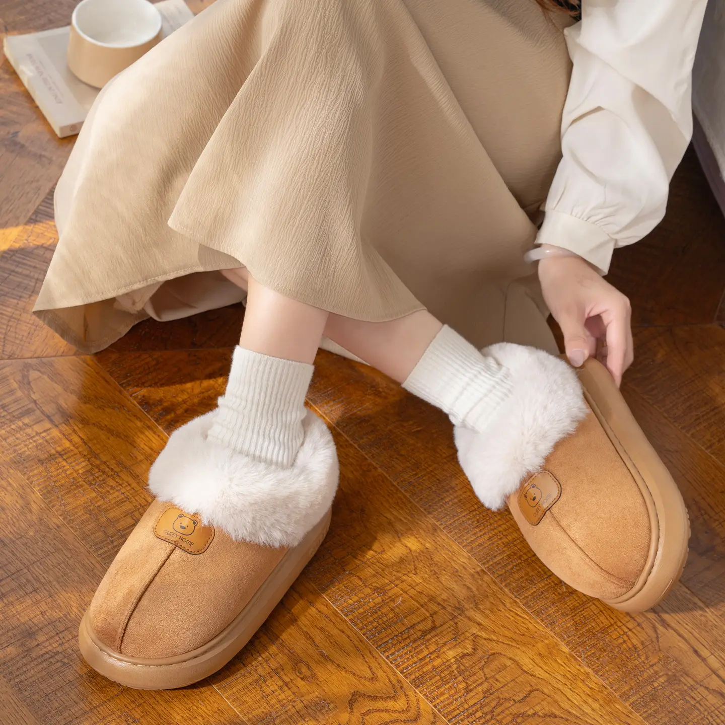 Women's Plush Heel Cover Slippers Beige Winter - Image 8