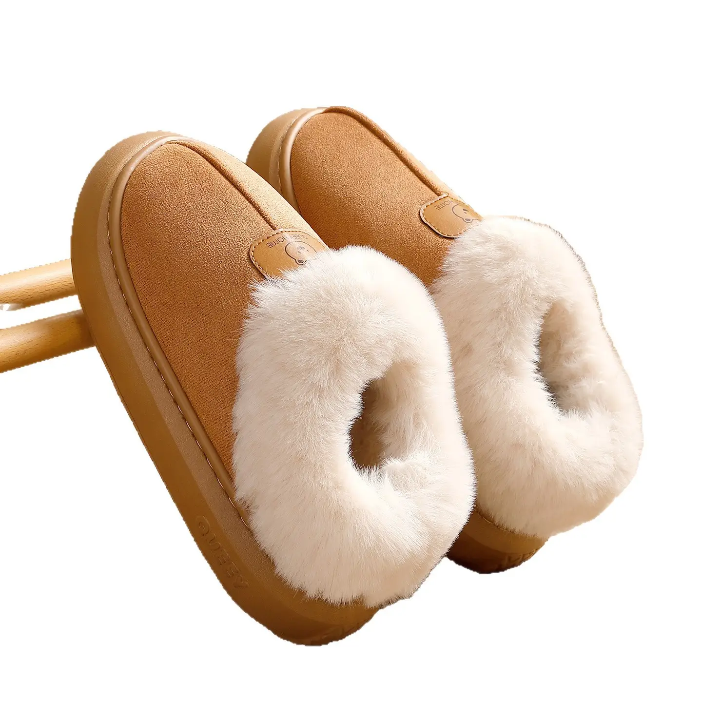 Women's Plush Heel Cover Slippers Beige Winter - Image 9