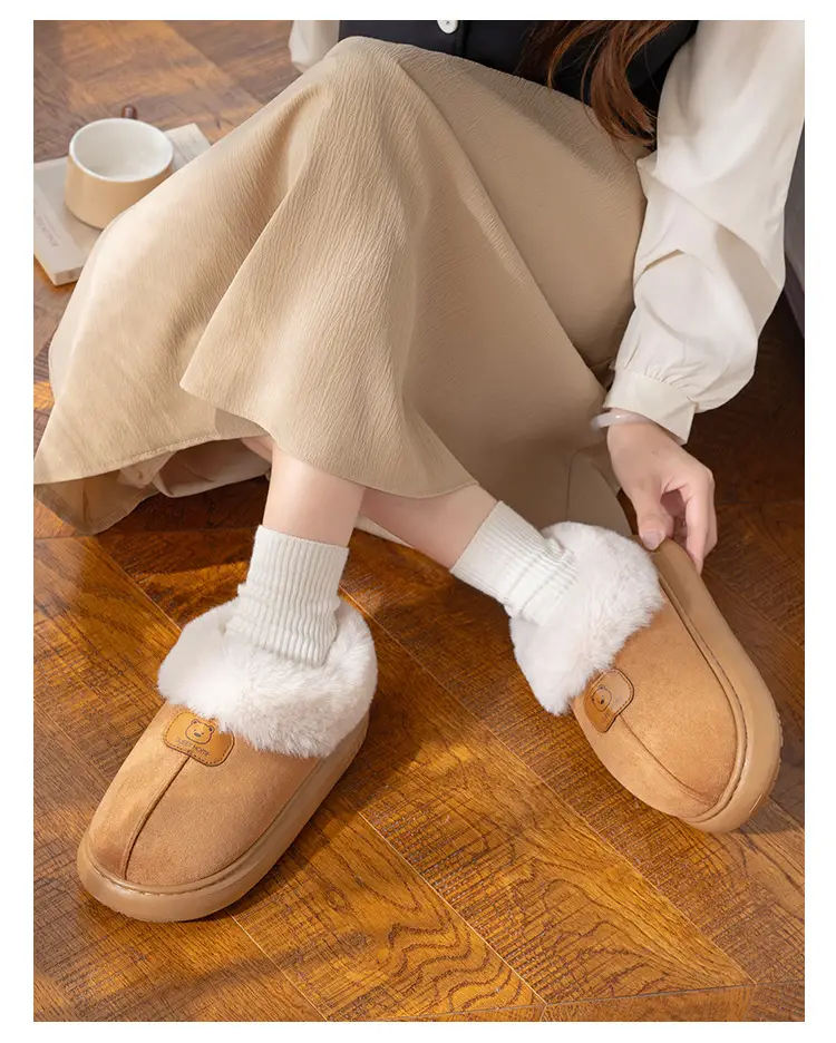 Women's Plush Heel Cover Slippers Beige Winter — feature 20