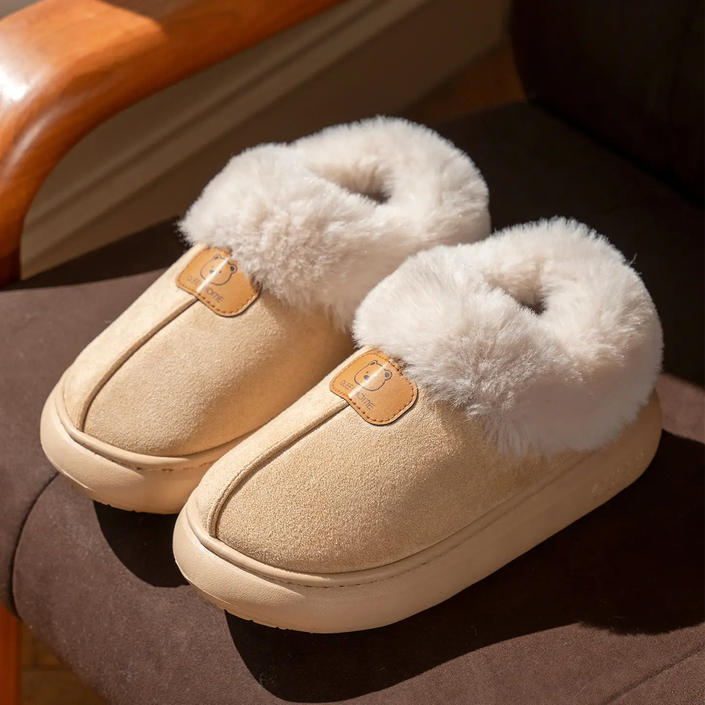 Women's Plush Heel Cover Slippers Beige Winter - Image 2
