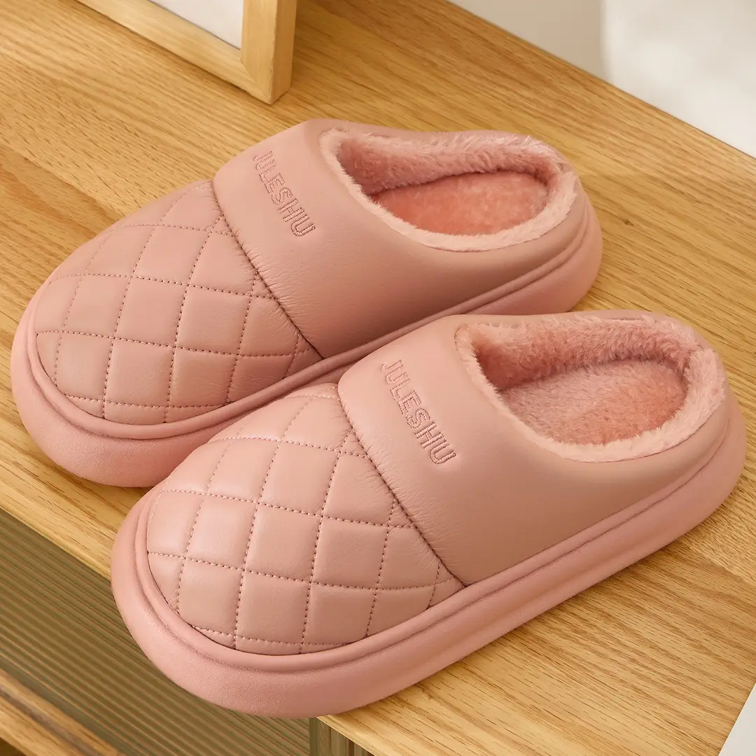 Leather Waterproof Cotton Slippers for Men in Winter Indoor Home Thick-Soled Fleece-Lined Warm Outer Wear Non-Slip Thickeneded Plush Cotton Slippers - Image 6