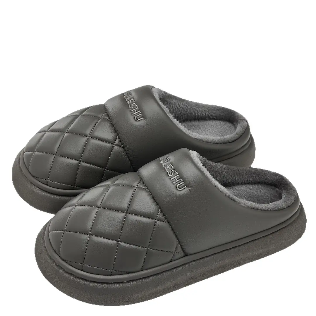 Leather Waterproof Cotton Slippers for Men in Winter Indoor Home Thick-Soled Fleece-Lined Warm Outer Wear Non-Slip Thickeneded Plush Cotton Slippers - Image 9