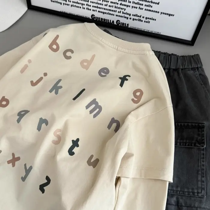 Kids Long Sleeve T-Shirt with Letter Print Beige - Image 4