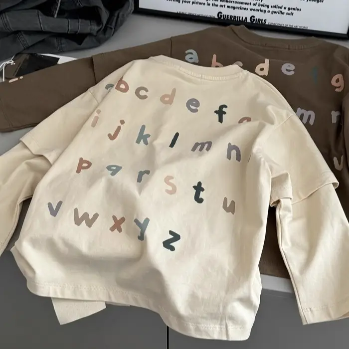 Kids Long Sleeve T-Shirt with Letter Print Beige - Image 5