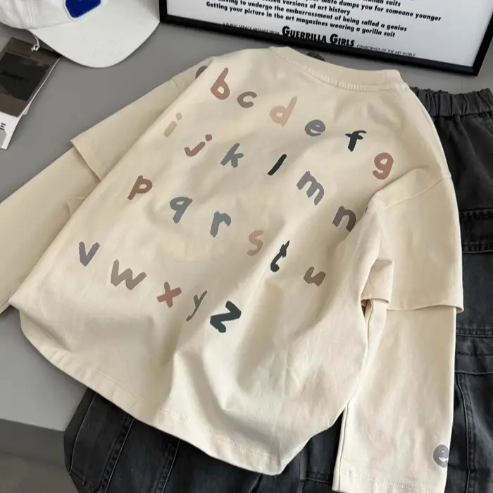 Kids Long Sleeve T-Shirt with Letter Print Beige - Image 6