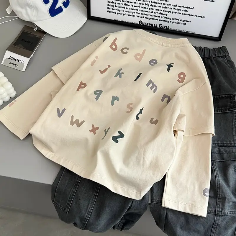 Kids Long Sleeve T-Shirt with Letter Print Beige — feature 1