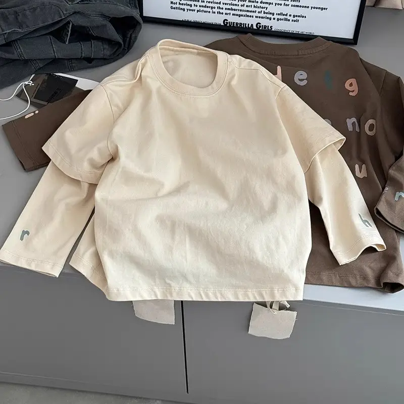 Kids Long Sleeve T-Shirt with Letter Print Beige — feature 10