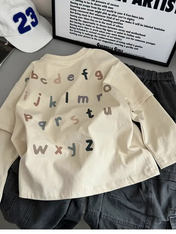 Kids Long Sleeve T-Shirt with Letter Print Beige — feature 11