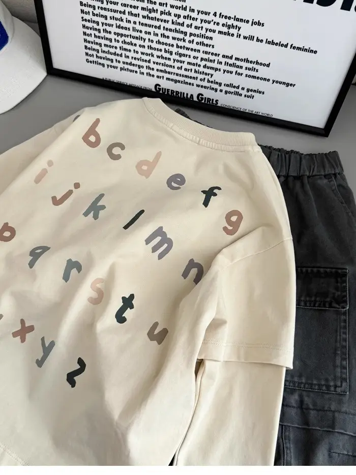 Kids Long Sleeve T-Shirt with Letter Print Beige — feature 2