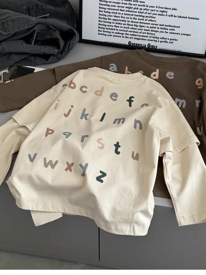 Kids Long Sleeve T-Shirt with Letter Print Beige — feature 3