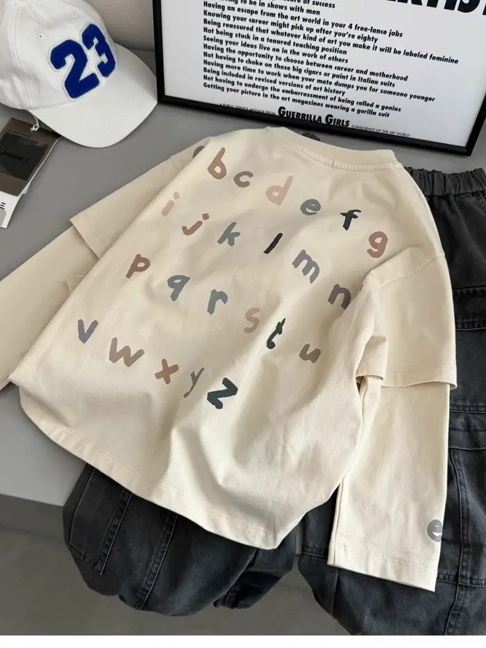 Kids Long Sleeve T-Shirt with Letter Print Beige — feature 4