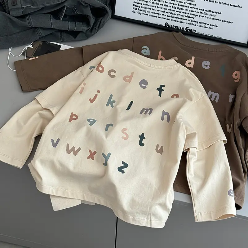 Kids Long Sleeve T-Shirt with Letter Print Beige — feature 5